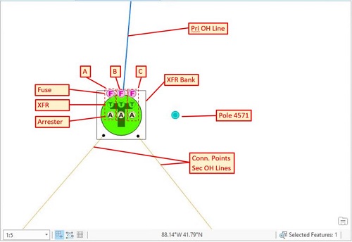 UNEA - NewServices - found Pole 4571 - Close up - Annotated Esri Utility Network - Adding New Services to Your Network