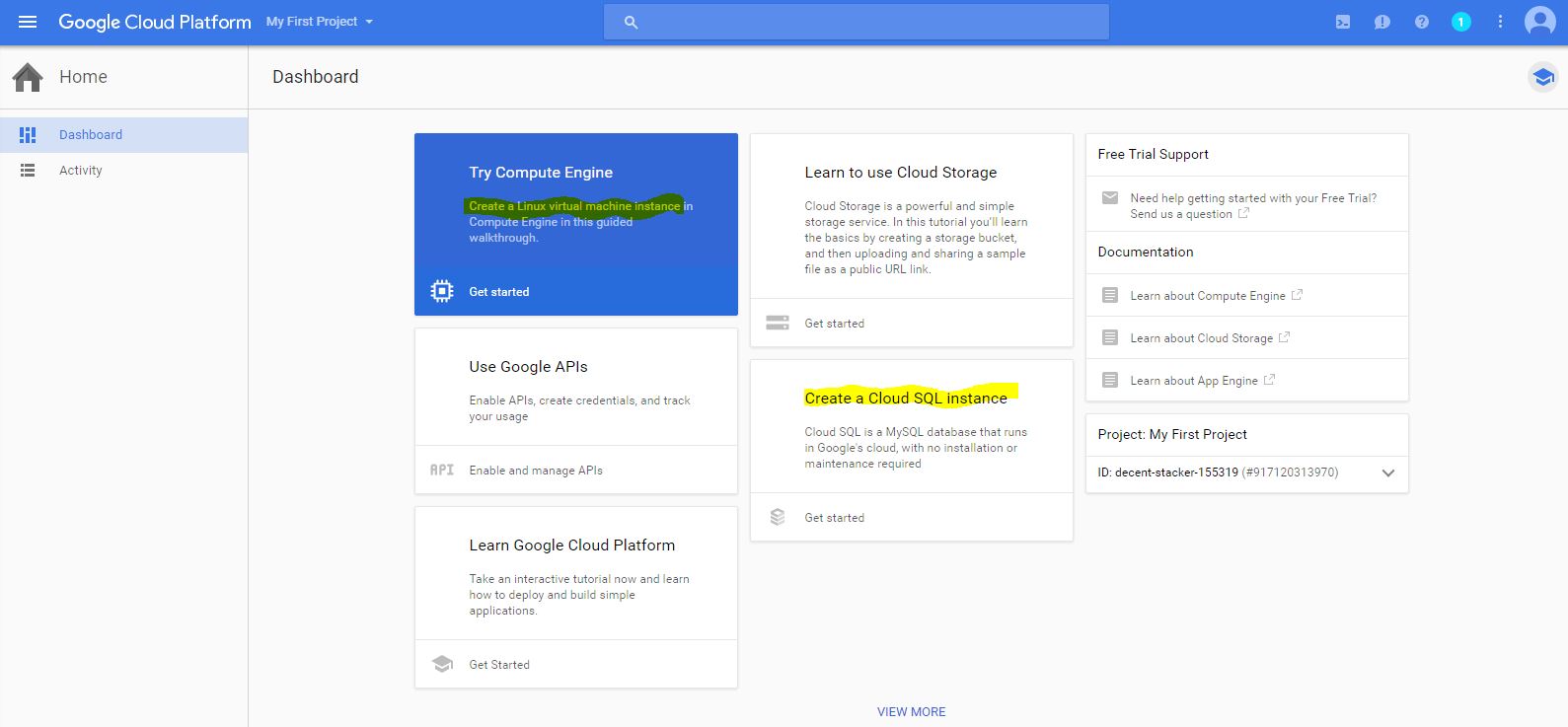 Figure 3. Google Dashboard - Establishing Cloud Infrastructure