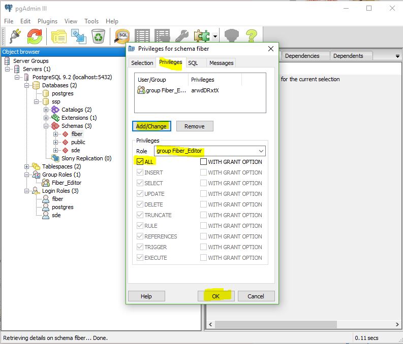 Figure 10.  Assignment of Specific Privileges - PostgreSQL for ArcGIS